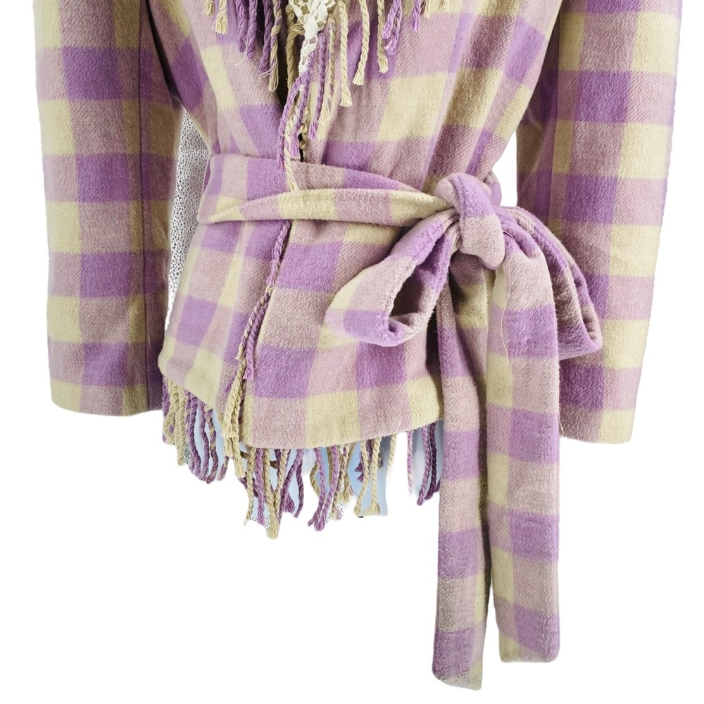 LoveShackFancy NEW Dumont Lilac Plaid Lace Fringe Wool Puff Sleeve Jacket Size S - Picture 4 of 8